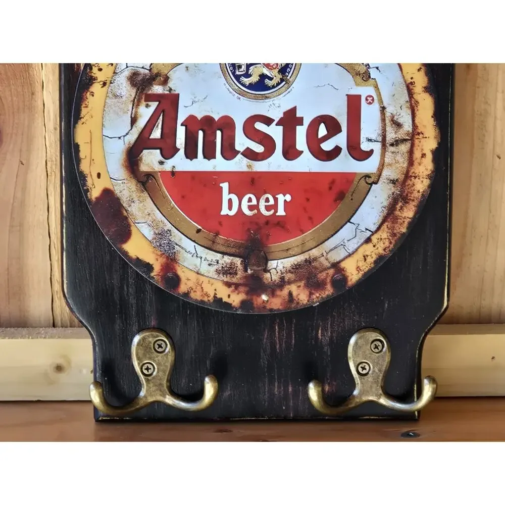 Amstel Beer Wall Mount Plaque, Vintage Look, Solid Wood w/ Bottle Opener & Hooks